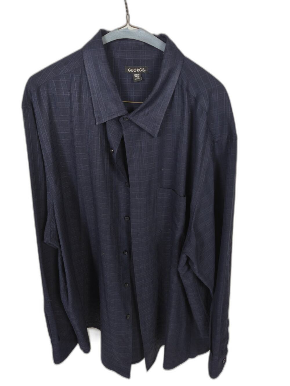 George Men's 2XL Navy Blue Windowpane Plaid Button Up Shirt Long Sleeve Casual
